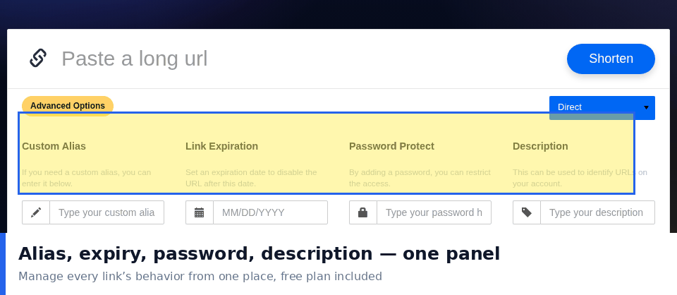 PicKu homepage Advanced Options panel showing custom alias, link expiration, password protect and description fields together
