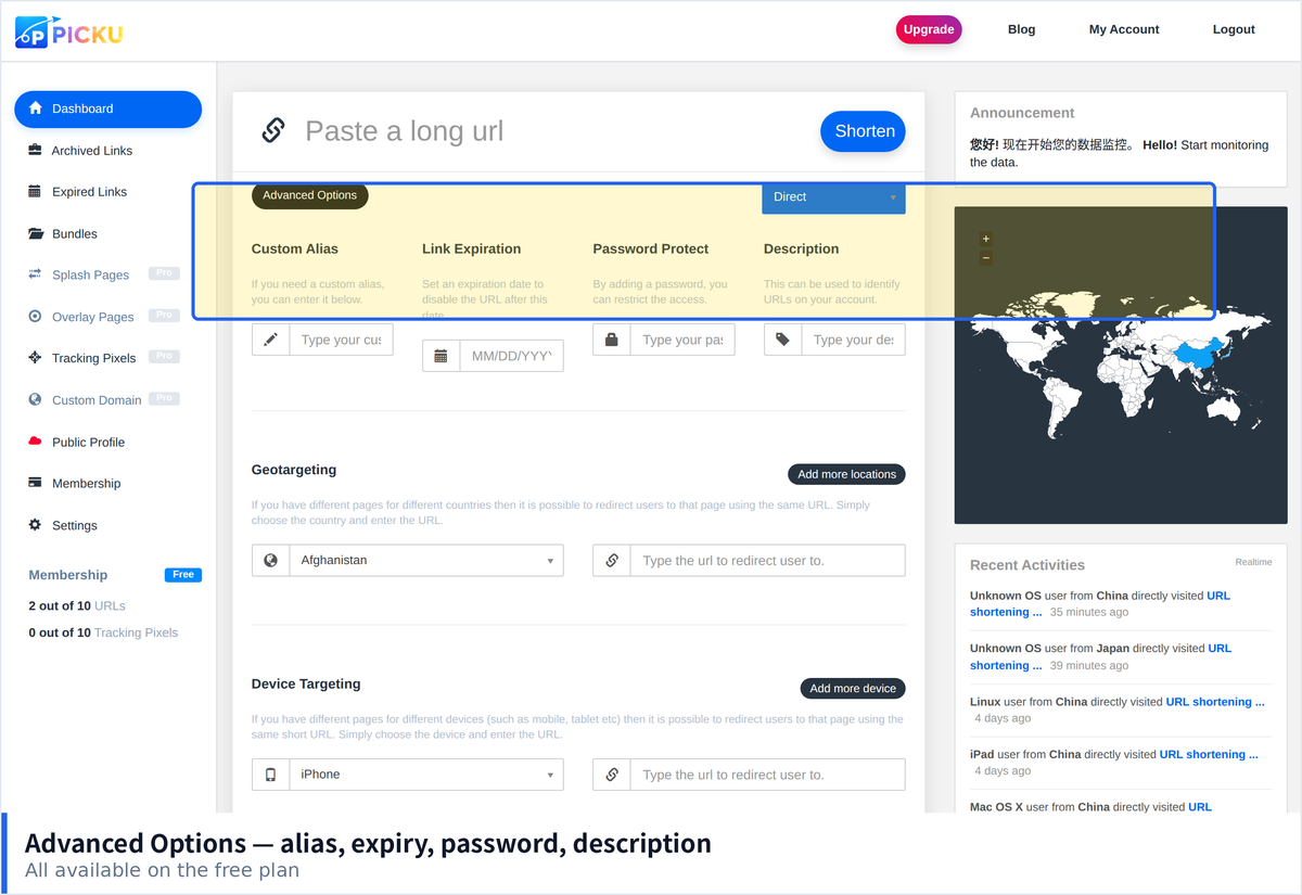 PicKu Advanced Options panel showing custom alias, link expiration, password protect and description fields