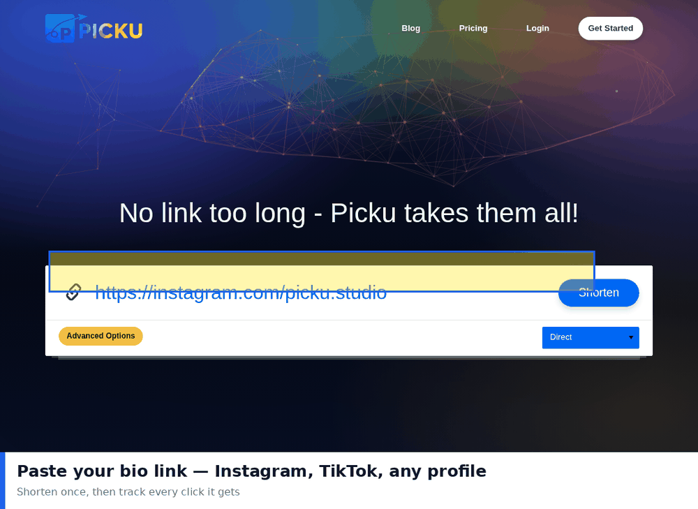 A social profile URL pasted into the PicKu shortening box ready to be shortened