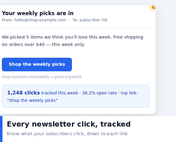 Newsletter email mock with a tracked button showing 1248 clicks and 38.2 percent open rate