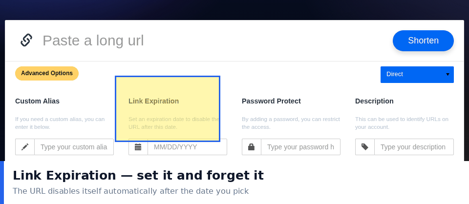 PicKu homepage with the Advanced Options panel expanded highlighting the Link Expiration date field