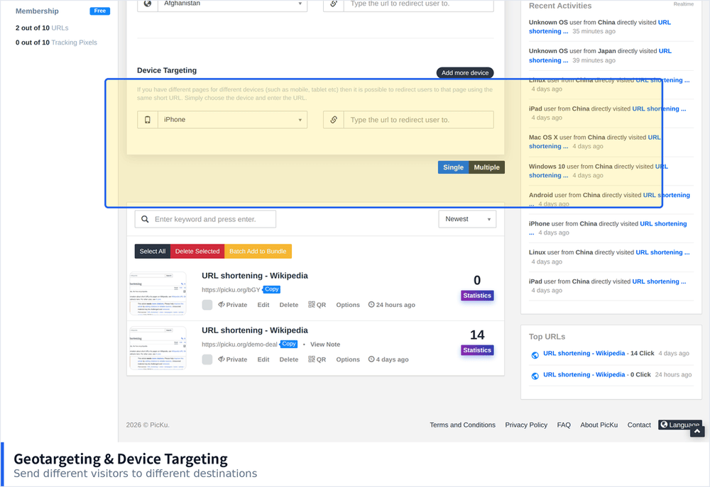 PicKu Geotargeting and Device Targeting panels with country and device dropdowns