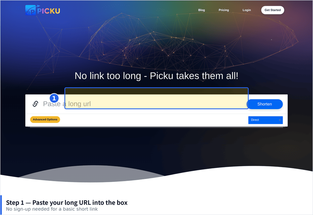 Pasting a long Google Maps URL into the PicKu shortening box