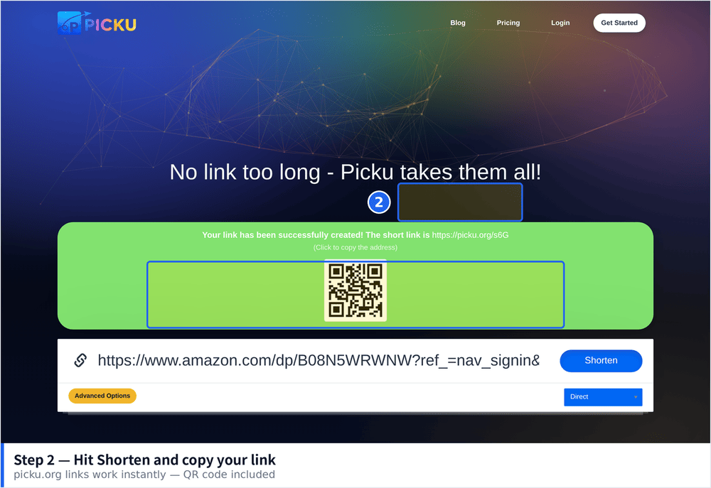 Shortened YouTube link result with QR code on the PicKu homepage
