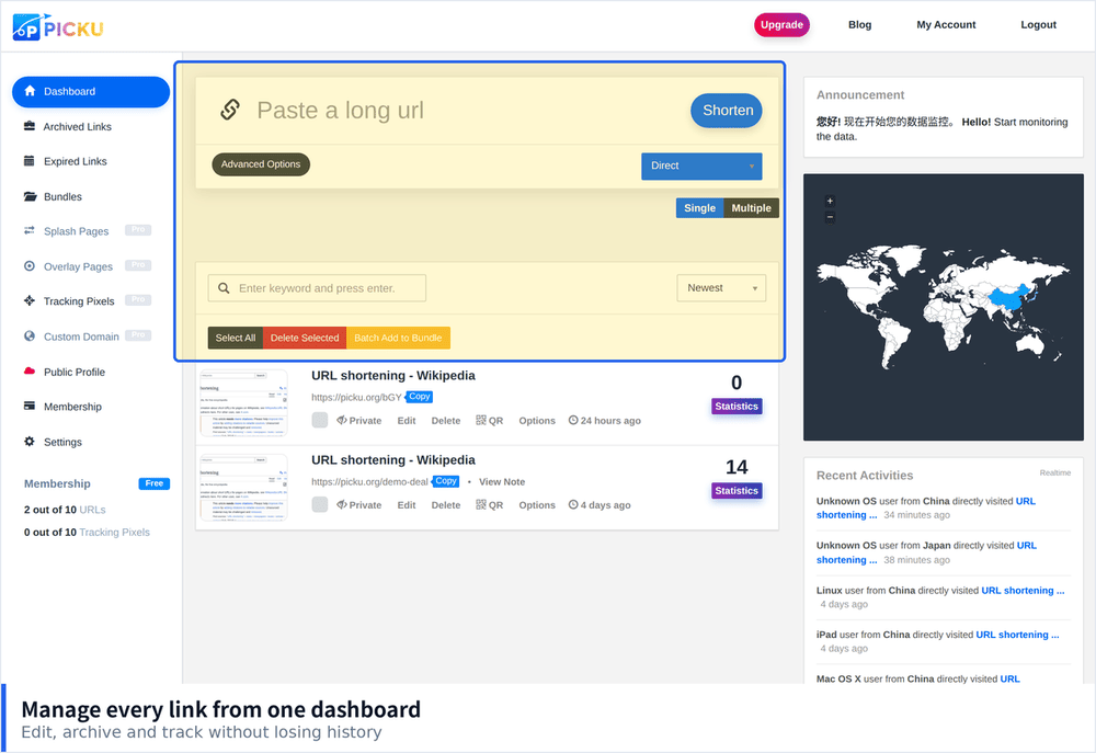 PicKu dashboard link list with edit, archive and statistics controls