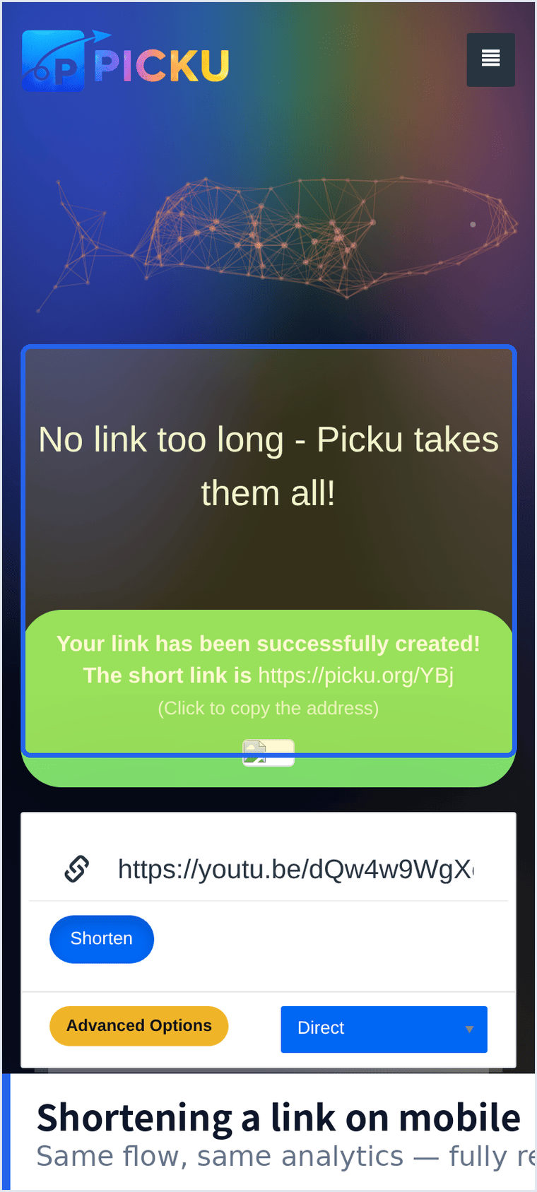 Shortening a link on a phone: the mobile site showing a green success banner and QR code