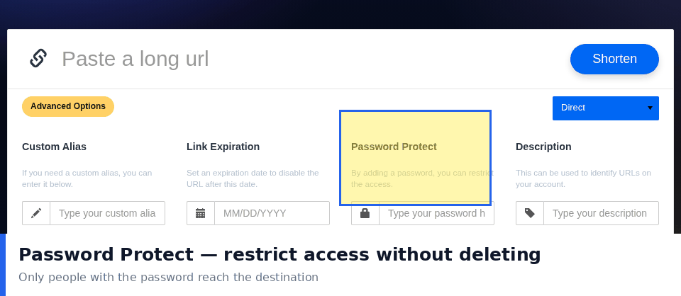 PicKu homepage with the Advanced Options panel expanded highlighting the Password Protect field