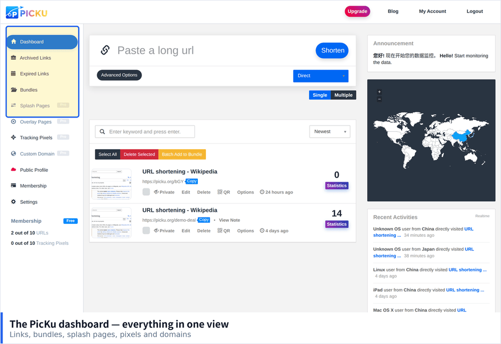 The PicKu dashboard showing sidebar navigation and the link management view