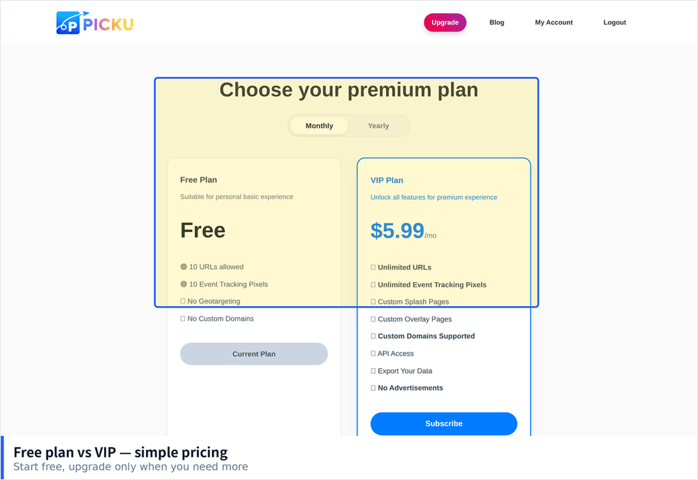 PicKu pricing page comparing the Free plan with the VIP plan at 5.99 dollars per month
