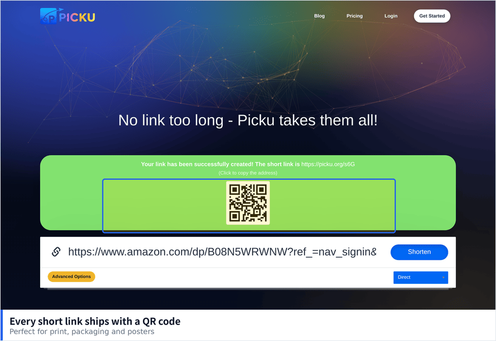 A freshly created short link showing its automatically generated QR code