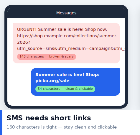 Phone message comparison: a broken long URL with tracking parameters versus a clean short link in a text message